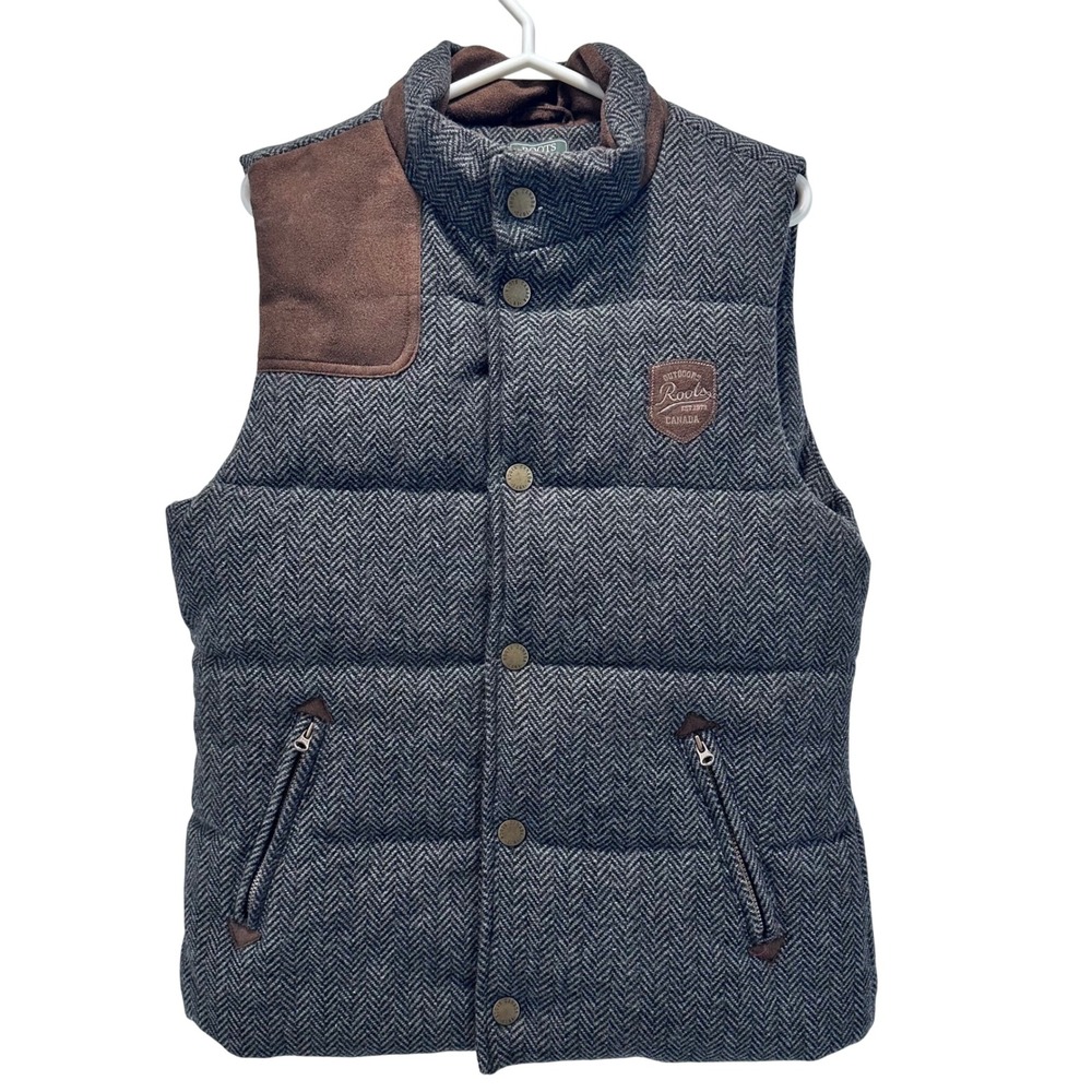 Roots Canada Kids Puffer Vest Herringbone‎ Tweed Brown Suede Patch Size XXL TTG